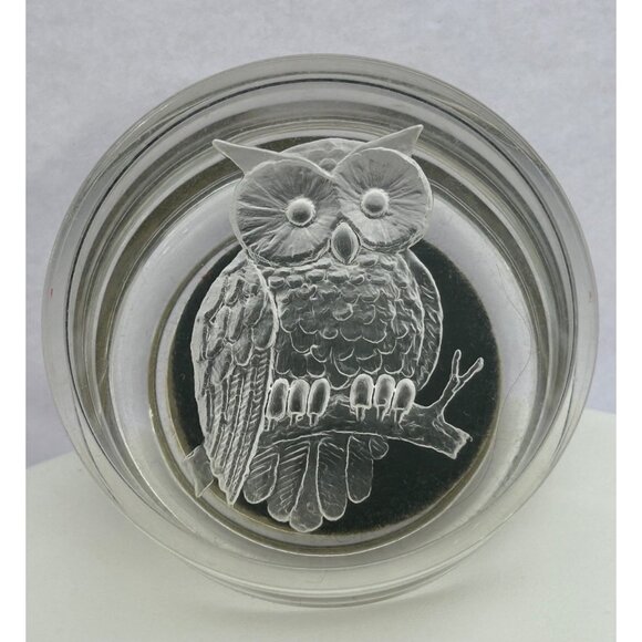 Other - Trinket Jewelry Box Etched Owl Design Lid Round Clear & Black Vintage Look Retro